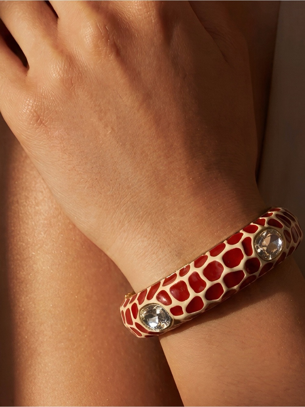 Red and Cream Giraffe-Print Bangle with Crystal Accents